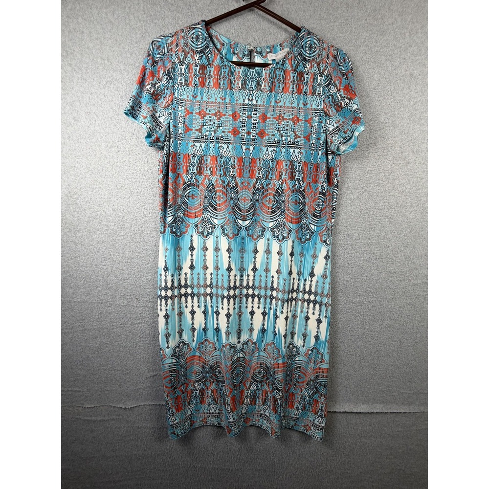 London Times Dress Womens 8 Multicolor Geometric Shift Short Sleeve Stretch